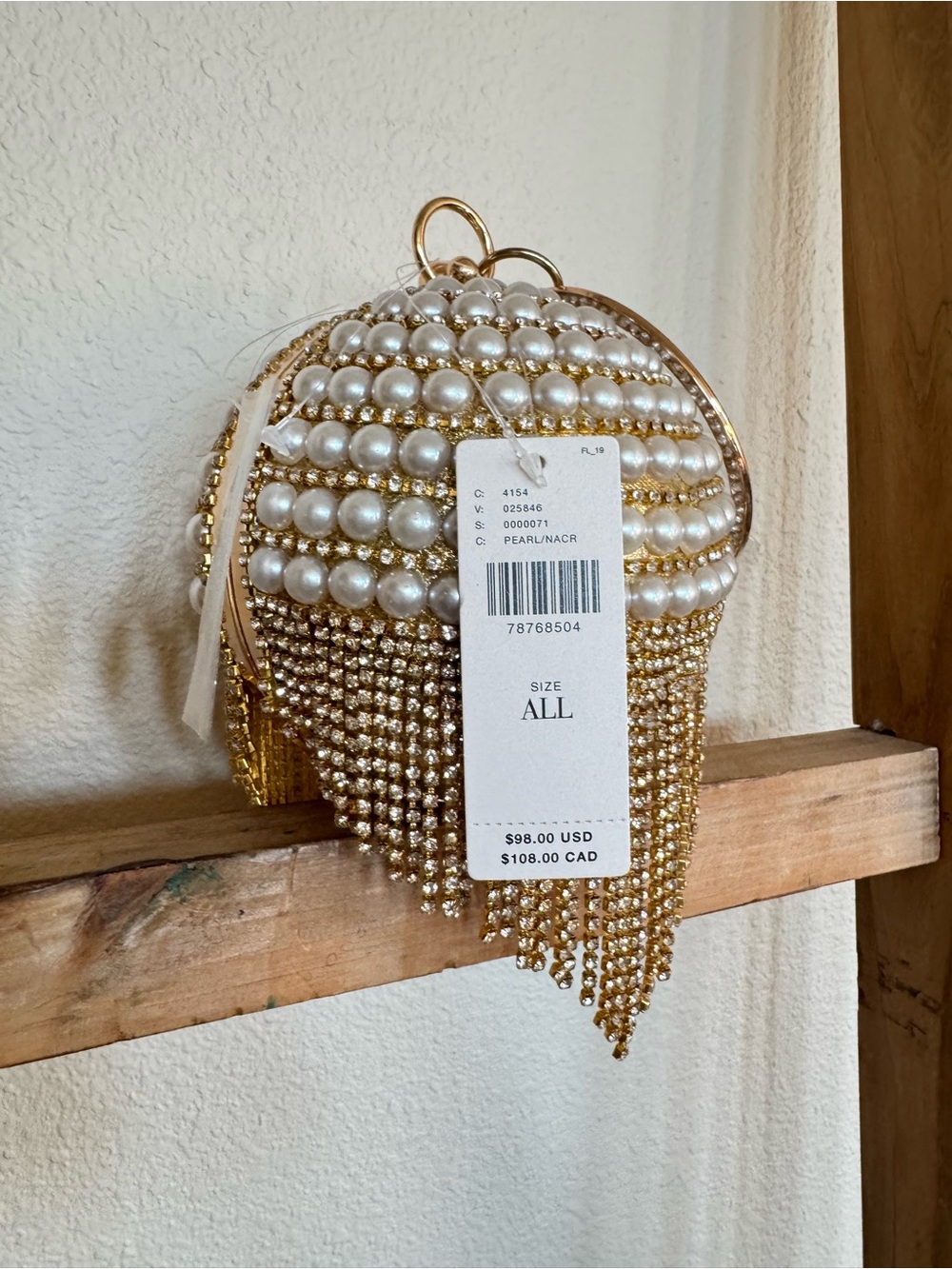 Anthropologie Pearl & Gold Beaded Fringe Dome Clutch